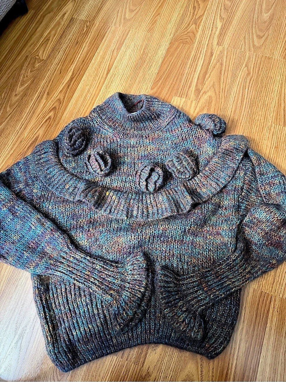 Zara Rose Appliqué Ruffle Detail Multicolor Knit Mohair Blend Sweater Small